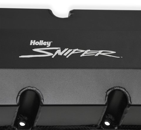 Holley Sniper Fabricated Aluminum Valve Covers 890004B Covers, EFI, Fabricated, Aluminum, 3.5 in. Tall, Baffled, Black, 1.25 in. Breather Holes, Hardware, Chevy, 396-454ci, Pair thumbnail 1