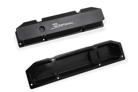 Holley Sniper Fabricated Aluminum Valve Covers 890005B Covers, EFI, Fabricated, Aluminum, Short, Baffled, Black, 1.25 in. Breather Holes, Hardware, Chrysler, Dodge, Plymouth, 383-440ci, Pair thumbnail 1