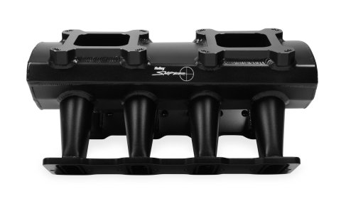 Holley Sniper Carbureted Fabricated Intake Manifolds 821062 Manifolds, Sniper, Hi-Ram, Carbureted, Dual, 4150 Flange, Cathedral Port, 1,800-7,000 RPM, Aluminum, Black, Chevy, LS Base, 4.8-6.0L, Each thumbnail 4