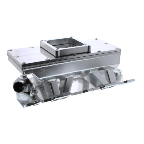 Holley Sniper Carbureted Fabricated Intake Manifolds 825131 Manifolds, Sniper, Carbureted, Single, 4500 Flange, 1,800-7,000 RPM, 8.503 in. Tall, Welded Aluminum, Silver, Chevy, 262-400ci, Each thumbnail 2