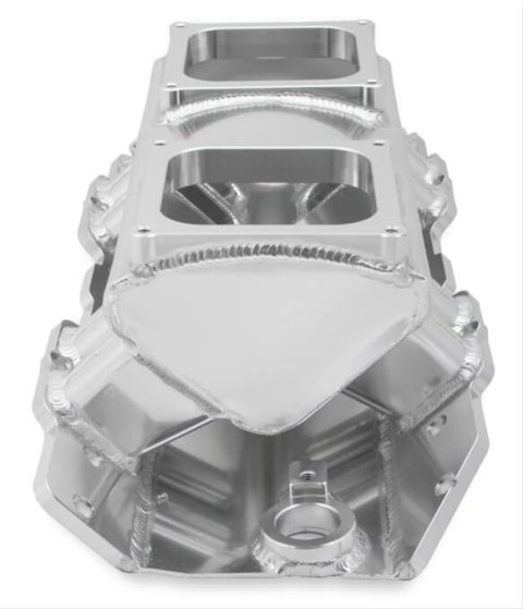 Holley Sniper Carbureted Fabricated Intake Manifolds 835171 Manifolds, Sniper, Carbureted, Dual, 4500 Flange, Rectangular Port, 1,800-7,000 RPM, Welded Aluminum, Silver, Chevy, 396-454ci, Each thumbnail 1