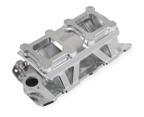 Holley Sniper Carbureted Fabricated Intake Manifolds 825071 Manifolds, Sniper, Carbureted, Dual, 4150 Flange, 1,800-7,000 RPM, 6.771 in. Tall, Welded Aluminum, Silver, Chevy, 262-400ci, Each thumbnail 1