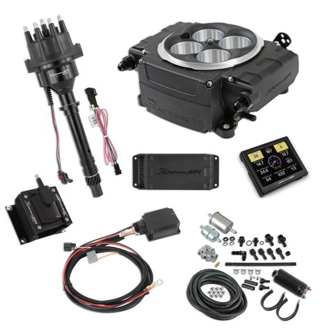 Holley Sniper 2 EFI 650 HP Inline Pump Fuel Injection Systems with Power Distribution Module 550-511-3PK-SBC System, 2, Self-Tuning, Throttle body, Black, 4150 Flange, hp Max, 800 CFM, Pump, PDM, 3.5 in. Display, Chevy, Kit