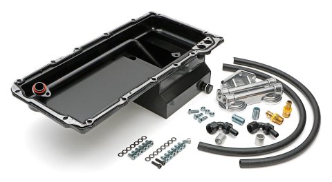 Trans-Dapt Performance Products Oil Pans 0182 Pan & Filter Kit, LS Engine Swap Pan & Remote Dbl Filter Base Combo Kit; Horizontal Port, Black Pan 7Qt