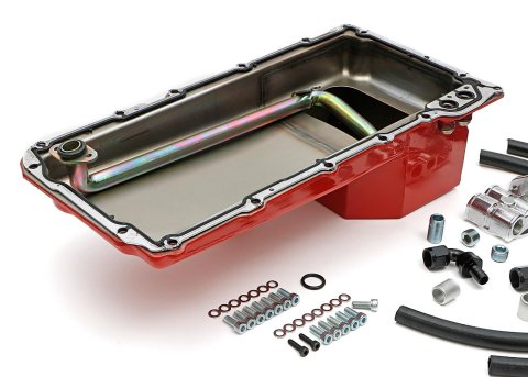 Trans-Dapt Performance Products Oil Pans 0176 Engine Pan Kit, LS Swap Pan/Filter Reocation Kit; Single Filter; Horizontal Port, Red Pan