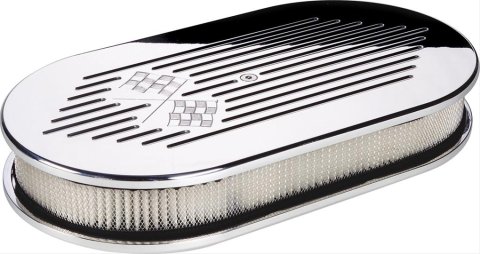 Billet Specialties Air Cleaners 15427 Filter Assembly, Large Oval, Aluminum, Polished, Checkered Flag Logo Design, 2 in. Filter Height, Each thumbnail 1