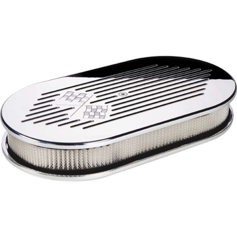 Billet Specialties Air Cleaners 15427 Filter Assembly, Large Oval, Aluminum, Polished, Checkered Flag Logo Design, 2 in. Filter Height, Each thumbnail 2