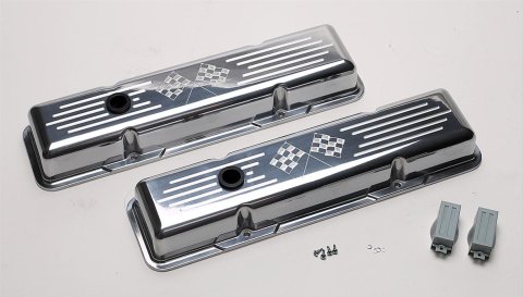 Billet Specialties Diecast Aluminum Valve Covers 95127 Covers, Stock Height, Aluminum, Polished, Cross Flags Logo, Chevy, Small Block, Pair