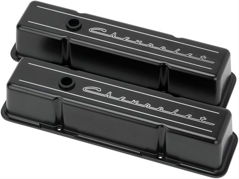 Billet Specialties Diecast Aluminum Valve Covers BLK95223 Covers, Tall, Die-cast Aluminum, Black Powdercoated, Chevrolet Logo, Chevy, Small Block, Pair thumbnail 1