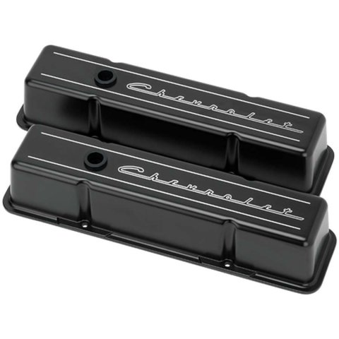 Billet Specialties Diecast Aluminum Valve Covers BLK95223 Covers, Tall, Die-cast Aluminum, Black Powdercoated, Chevrolet Logo, Chevy, Small Block, Pair thumbnail 2