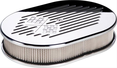 Billet Specialties Air Cleaners 15327 Filter Assembly, Small Oval, Aluminum, Polished, Checkered Flag Logo Design, 2 in. Filter, Each thumbnail 1