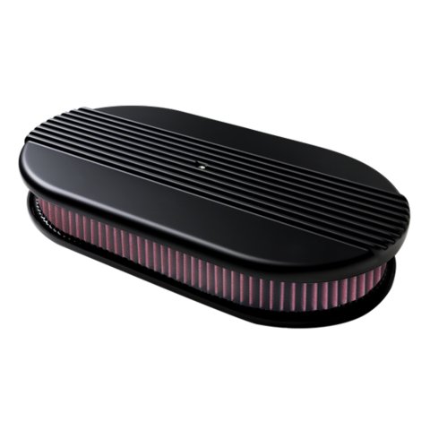 Billet Specialties Air Cleaners BLK15650 Filter Assembly, Large Oval, Dual Quad, Aluminum, Black Powdercoated, Ribbed Design, 2 1/4 in. Filter Height, Each thumbnail 1