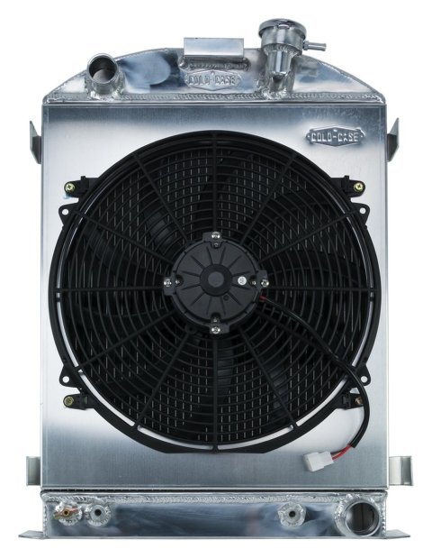Cold Case Performance Aluminum Radiator Modules for 1932 MODEL B - STF902AK Radiator, Performance, Module, Aluminum, Polished, Downflow, 2 Row, Transmission Cooler, Single 16 in. Fan, Ford, Chevy Small Block, Kit