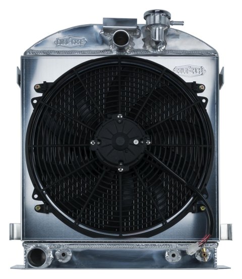 Cold Case Performance Aluminum Radiator Modules for 1932 MODEL B - STF903AK Radiator, Performance, Module, Aluminum, Polished, Downflow, 2 Row, Transmission Cooler, Single 16 in. Fan, Ford, Kit