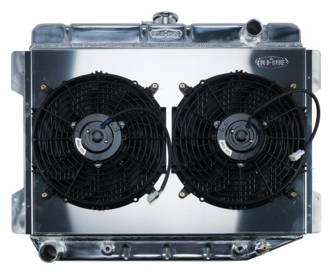 Cold Case Performance Aluminum Radiator Modules for 1970-1972 BARRACUDA, CUDA, 1970-1974 CHALLENGER - MOP754AK Radiator, Performance, Module, Aluminum, Polished, Downflow, 2 Row, Transmission Cooler, Dual 12 in. Fan, Dodge, Plymouth, Kit