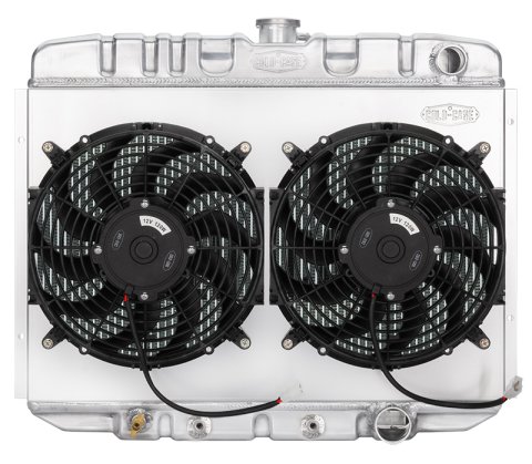 Cold Case Performance Aluminum Radiator Modules for 1967-1970 MUSTANG - FOM587AK Radiator, Performance, Module, Aluminum, Polished, Downflow, 2 Row, Transmission Cooler, Single 16 in. Fan, Ford, Small Block, Kit thumbnail 2