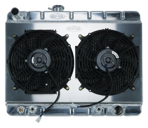 Cold Case Performance Aluminum Radiator Modules for 1965-1967 GTO, LEMANS, TEMPEST - GPG34AK Radiator, Performance, Module, Aluminum, Polished, Downflow, 2 Row, Transmission Cooler, Dual 12 in. Fans, Pontiac, Kit