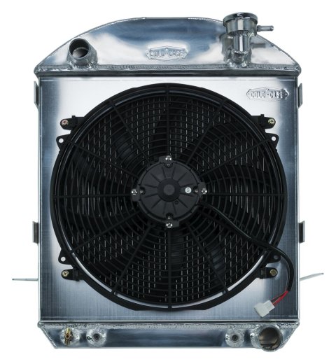 Cold Case Performance Aluminum Radiator Modules for 1924-1927 MODEL T - STF900AK Radiator, Performance, Module, Aluminum, Polished, Downflow, 2 Row, Transmission Cooler, Single 16 in. Fan, Ford, Chevy Small Block, Kit