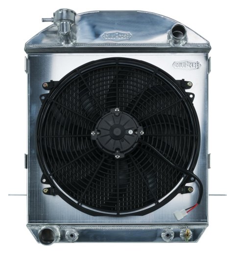 Cold Case Performance Aluminum Radiator Modules for 1924-1927 MODEL T, STREET ROD - STF901AK Radiator, Performance, Module, Aluminum, Polished, Downflow, 2 Row, Transmission Cooler, Single 16 in. Fan, Ford, Engine Swap, Kit