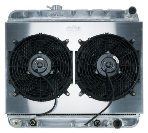 Cold Case Performance Aluminum Radiator Modules for 1964-1965 GTO, LEMANS, TEMPEST - GPG22AK Radiator, Performance, Module, Aluminum, Polished, Downflow, 2 Row, Transmission Cooler, Dual 12 in. Fans, Pontiac, Kit