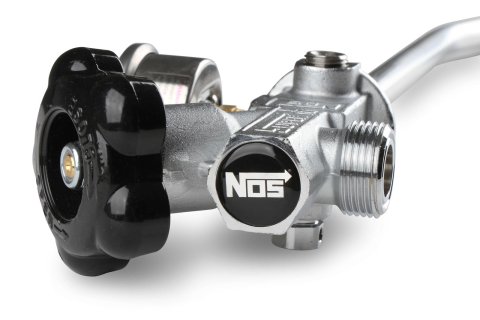 NOS Super Hi-Flo Bottle Valve Assemblies 16137ABNOS Nitrous Valve, 10 lbs. Bottle, Hi-Flow Valve, Siphon Tube, Black Pressure Gauge, Kit