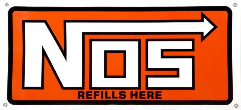 NOS Refills Here Banners 19304NOS Banner, Nitrous Logo, Nylon, White, 18 in. Length x 36 in. Width, with Grommets, Each thumbnail 1