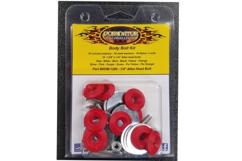 Dominator Body Bolts DOM-1200-A-RD Bolt Hardware Kit, Steel, Natural, 1/4 in. -20, Allen Head, Red Washer, Set of 10