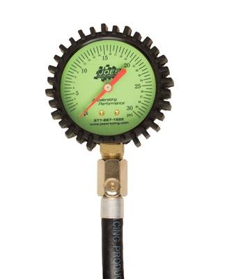 JOES Racing Products Glow-In-The-Dark Tire Pressure Gauges 32306 Gauge, Glow-In-The-Dark, Analog, 0 - 30 psi, Green Face, 2.50 in. Diameter, 17 in. Hose Length