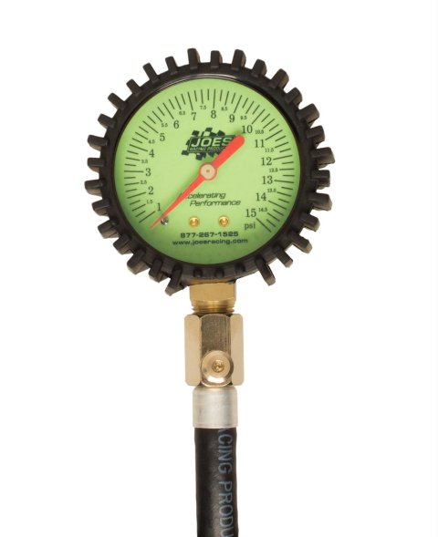 JOES Racing Products Glow-In-The-Dark Tire Pressure Gauges 32305 Gauge, Glow-In-The-Dark, Analog, 0-15 psi, Green Face, 2.50 in. Diameter, 17 in. Hose Length, Each