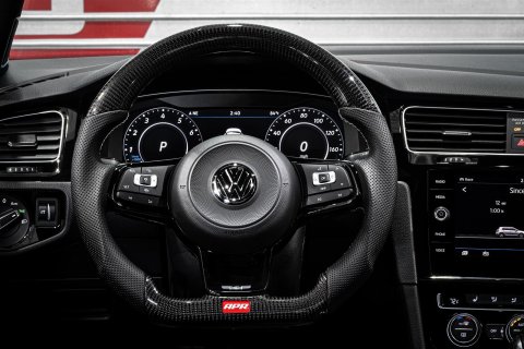 APR Steering Wheels for 2015-2019 GOLF R, 2015-2021 GTI, 2015-2026 JETTA - MS100202 Wheels, Wheel, Carbon Fiber/Leather, Black, Silver Stitching, Paddle Shift, Each thumbnail 1