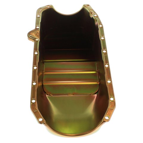 Milodon Street and Strip Oil Pans 30901 Pan, Steel, Gold Iridite, 7 qt., Chevy, Small Block, Low Profile, Dart SHP 1980-85 RH Dipstick, Each thumbnail 1