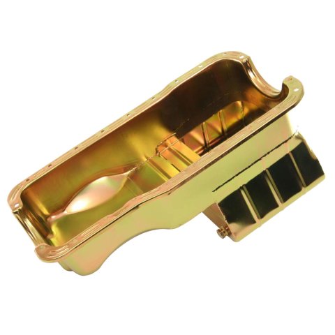 Milodon Street and Strip Oil Pans 30925 Pan, Steel, Gold Iridite, 8 qt., Ford, Small Block, 289/302, Fits Pre-1973 Front Sump Chassis, Each thumbnail 1