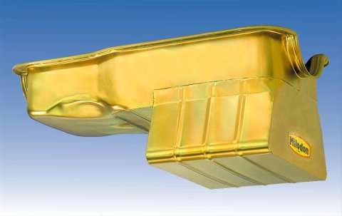 Milodon Street and Strip Oil Pans 30925 Pan, Steel, Gold Iridite, 8 qt., Ford, Small Block, 289/302, Fits Pre-1973 Front Sump Chassis, Each thumbnail 2