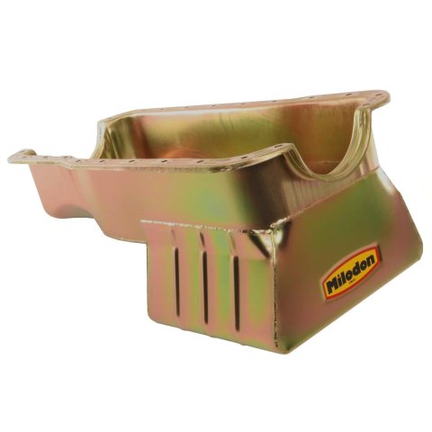 Milodon Street and Strip Oil Pans 30926 Pan, Steel, Gold Iridite, 8 qt., Ford, 351W, Fits Pre-1973 Front Sump Chassis, Each thumbnail 1