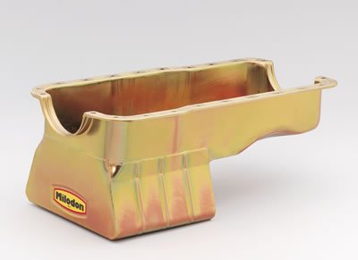 Milodon Street and Strip Oil Pans 30926 Pan, Steel, Gold Iridite, 8 qt., Ford, 351W, Fits Pre-1973 Front Sump Chassis, Each thumbnail 2