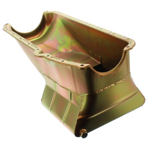 Milodon Street and Strip Oil Pans 30900 Pan, Strip, Low Profile, Steel, Gold Iridite, 7 qt., LH Dipstick, Chevy, Small Block, Each thumbnail 1