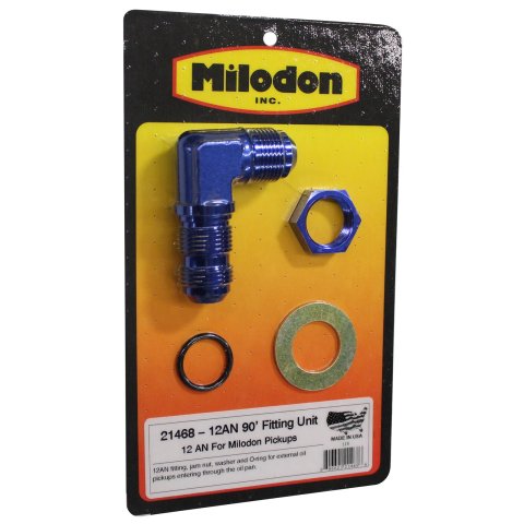 Milodon Bulkhead Fittings 21468 Fitting, 90 degree, Aluminum, Blue Anodized, -12 AN Male Threads, Nut, Washer, for Oil Pan, Each thumbnail 1
