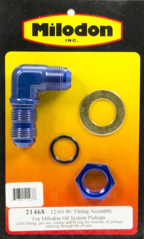 Milodon Bulkhead Fittings 21468 Fitting, 90 degree, Aluminum, Blue Anodized, -12 AN Male Threads, Nut, Washer, for Oil Pan, Each thumbnail 4