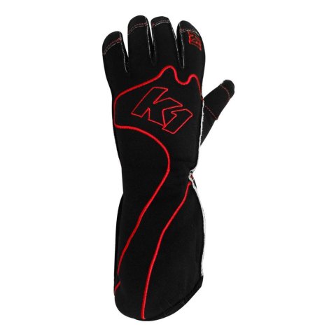 K1 RaceGear RS1 Karting Gloves 13-RS1-R-L Driving Gloves, Gloves, One Layer, Polyester/Leather, Black/Red, Large, Pair