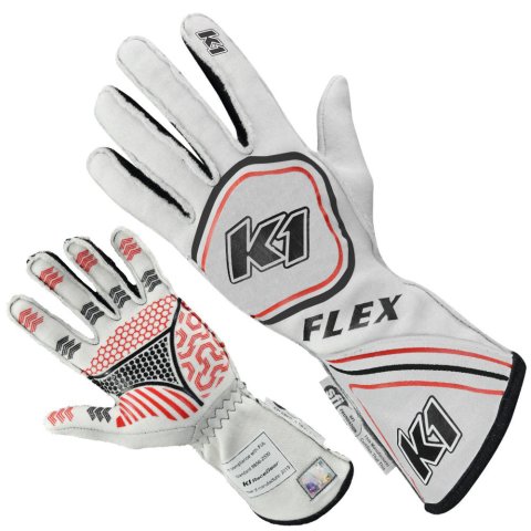 K1 RaceGear Black Series FLEX Gloves 23-FLX-W-L Driving Gloves, Gloves, Two Layers, Nomex®, White/Black/Red, SFI 3.3/5, FIA 8856-2000, Large, Pair thumbnail 2