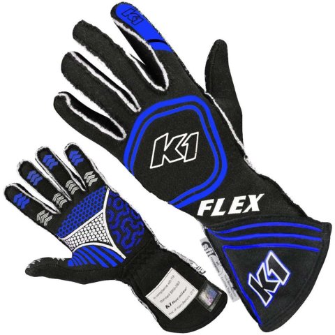 K1 RaceGear Black Series FLEX Gloves 23-FLX-NB-M Driving Gloves, Gloves, Two Layers, Nomex®, Black/Blue, SFI 3.3/5, FIA 8856-2000, Medium, Pair