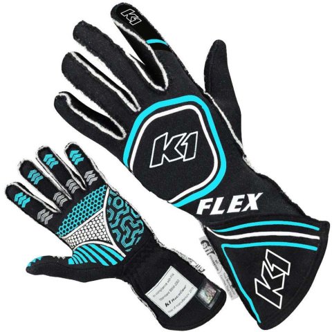 K1 RaceGear FLEX Gloves 23-FLX-NFB-M Driving Gloves, Gloves, Two Layers, Nomex®, Black/Blue Fluorescent, SFI 3.3/5, FIA 8856-2000, Medium, Pair