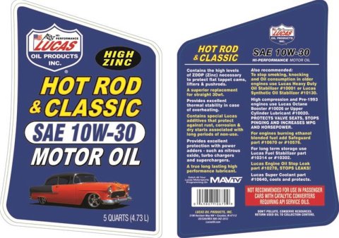 10w30 Lucas Hot Rod and Classic Car Motor Oil 10679 Engine Oil, Car, 10W30, ZDDP Enhanced, Mineral, 5 Quart Jug, Set of 3 thumbnail 1