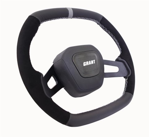 Grant Racing Performance Series Aluminum Steering Wheels 693 Wheels, Wheel, 2-Spoke, 13.75 in. x 12.75 in. Oval, Aluminum, Black Spokes, Leather/Suede, Black, Gray Stripe, Each thumbnail 1