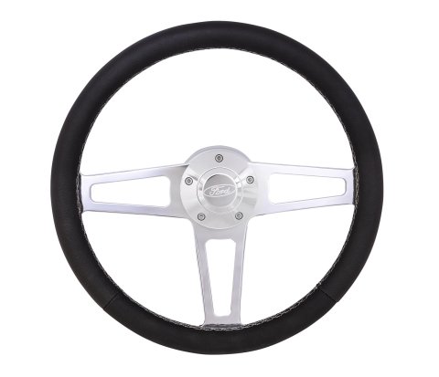 Grant Billet T-Series Steering Wheels 1912 Wheel, T Series, Aluminum, Polished, Leather/Black, 3-Spoke, 14 in. Diameter, 5-Bolt mount, Ford Logo Horn Button, Each