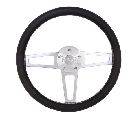 Grant Billet T-Series Steering Wheels 1912-1 Wheels, T-Series, 14.0 in. Diameter, Aluminum, 3-Spoke, Polished, Leather Grip, Black, with Installation Kit, Horn Cap, Ford, Kit thumbnail 2