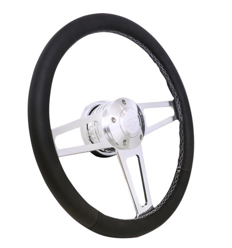 Grant Billet T-Series Steering Wheels 1912-1 Wheels, T-Series, 14.0 in. Diameter, Aluminum, 3-Spoke, Polished, Leather Grip, Black, with Installation Kit, Horn Cap, Ford, Kit thumbnail 3