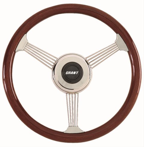 Grant Banjo Style Steering Wheels 1057 Wheel, Style, Stainless Steel, Wood/Mahogany, 3-Spoke, 14.75 in. Diameter, 5-Bolt, Each thumbnail 1