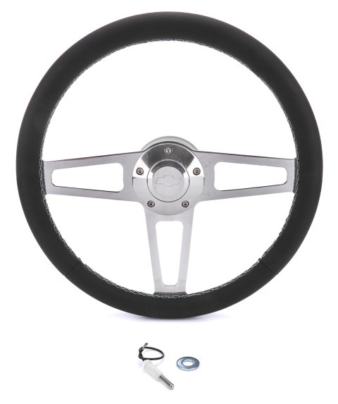 Grant Billet T-Series Steering Wheels 1911-2 Wheels, T-Series, 14.0 in. Diameter, Aluminum, 3-Spoke, Polished, Leather Grip, Black, with Installation Kit, Horn Cap, Chevy, Kit thumbnail 1