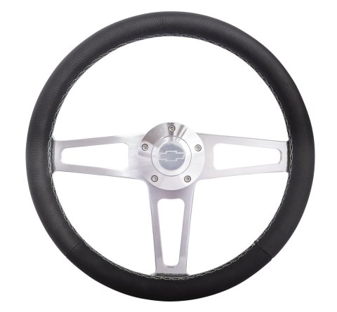 Grant Billet T-Series Steering Wheels 1911-2 Wheels, T-Series, 14.0 in. Diameter, Aluminum, 3-Spoke, Polished, Leather Grip, Black, with Installation Kit, Horn Cap, Chevy, Kit thumbnail 2